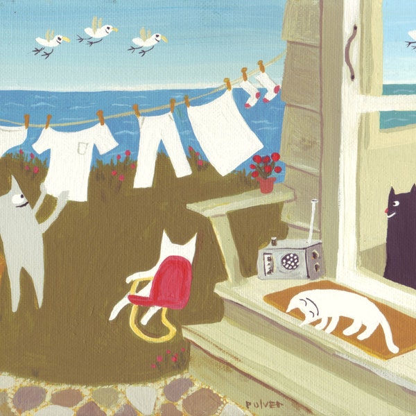 Beach Cat Art Print - Whimsical Seaside Lake Cottage Artwork Wall Decor - Hanging Laundry by Ocean Seascape