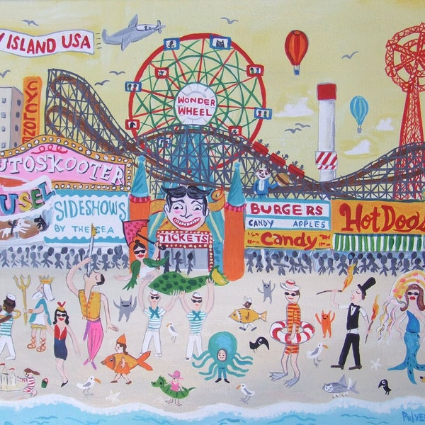 Coney Island Art Print - Whimsical Outsider Amusement PArk Folk Artwork