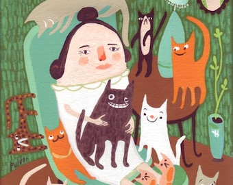 Cat Lady Art Print - Whimsical Folk Artwork - Teal and Orange