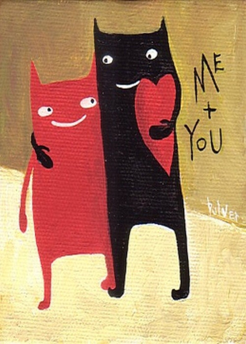 Whimsical Art Valentines Day Cat Art Card Cats with Heart Art Card Me and You image 1