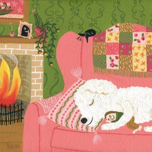 May include: A cozy illustration depicts a white dog sleeping on a pink armchair with a patterned pillow. A small figure is nestled with the dog. A fireplace with a burning fire is in the background, along with a crow and a patchwork quilt.