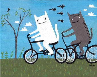 Cats on Bikes Art Print - Funny White Cat and Grey Tiger Riding Bicycles (Black Cat also available) Folk Art Sara Pulver 3crows 3 Crows