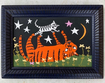 Tiger Painting - Framed Original Parent and Baby White Tigers Folk Art by Sara Pulver