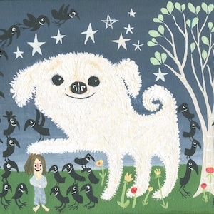 White Dog and Crow Art Painting . Bichon Frise Poodle Bolognese Contonese Cockapoo Artwork Funny Cute Quirky by Sara Pulver 3crows