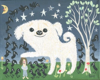 White Dog and Crow Art Painting . Bichon Frise Poodle Bolognese Contonese Cockapoo Artwork Funny Cute Quirky by Sara Pulver 3crows