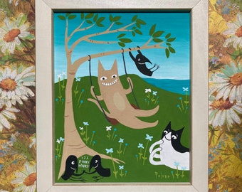 Cats and Crows Swinging, Thumb Wrestling - Framed Original Tuxedo Cat Folk Art Painting by Sara Pulver