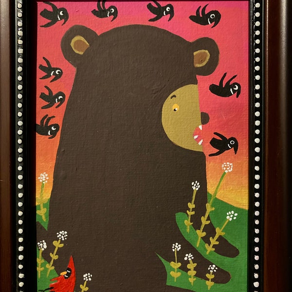 Bear, Crows and Sleeping Cardinal Art Painting - Framed Original Bird Folk Art Artwork by Sara Pulver