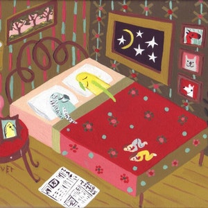 Budgie Art Card - Grappige parkieten slapen in bed, mensen slapen aan voet - Eigenzinnige kleine papegaai vogel folk artwork muur Decor