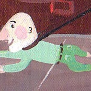 May include: A whimsical illustration of a cartoon character in a green outfit, flying through the air. The character has a large nose, rosy cheeks, and a harness attached to a black line. The background features a brown wall and a gray surface.