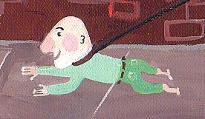 May include: A whimsical illustration of a cartoon character in a green outfit, flying through the air. The character has a large nose, rosy cheeks, and a harness attached to a black line. The background features a brown wall and a gray surface.