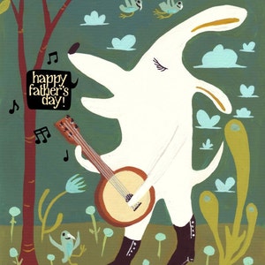 Cartão de cachorro branco do dia dos pais Banjo - Feliz Dia dos Pais - Cantando White Lab Art - Música Folk Bluegrass