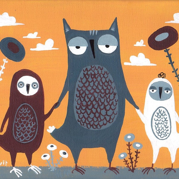 ACEO Owl Family Mini Print Art - Owl Artwork by Sara Pulver 3crows 3 Crows