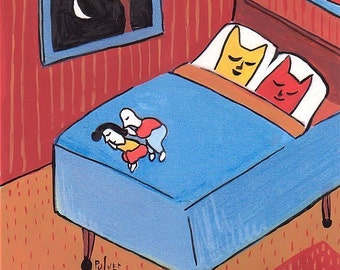Cat Art Print - Funny Cats in Bed While People Sleep at Foot - Bedroom Folk Artwork by Sara Pulver 3crows 3 Crows