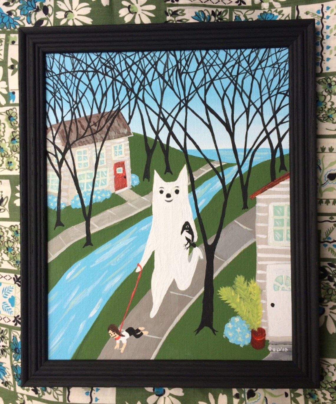 White Cat & Crow Walk Pet Girl Art Painting Framed Original | Etsy