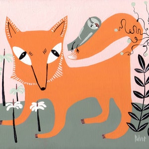 Fabulous Fox and Owl Art Print Fox Artwork Illustration Decor Pink, Grey and Orange image 1