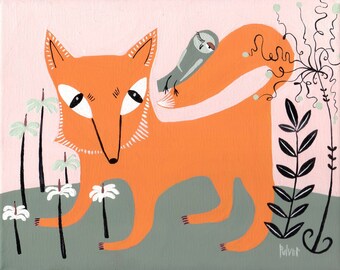 Fabulous Fox and Owl Art Print - Fox Artwork Illustration Decor - Pink, Grey and Orange