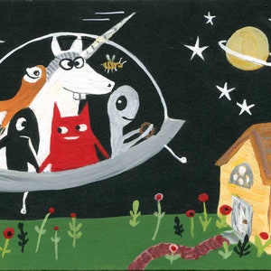 May include: A whimsical painting of a flying saucer with a unicorn, a sloth, a penguin, a red cat, and a gray alien inside. The saucer is flying over a green field with red flowers and a small yellow house with a brown roof. The background is a dark blue night sky with white stars and a yellow planet with rings.