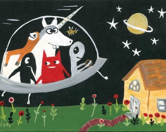 Konstigt och roligt konsttryck med Alien, Enhörning, Sengångare, Bi, Katt och Kråka i UFO - Nästa Stopp: Saturnus - Outsider Folkkonsttryck av Sara Pulver