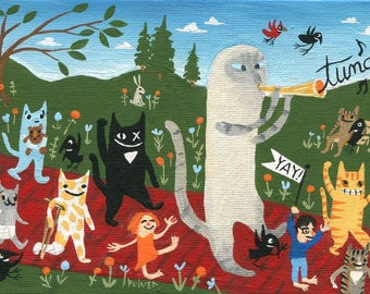 Cat Pied Piper Art Print . Eddie, Patron Saint of Misfit Cats . Special Needs Rescue Cats Outsider Folk Artwork