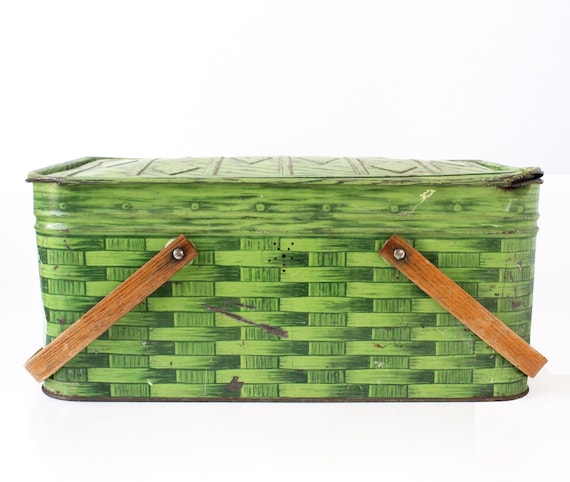 Vintage Green Picnic Tin, Basketweave Picnic Basket, Vintage Green