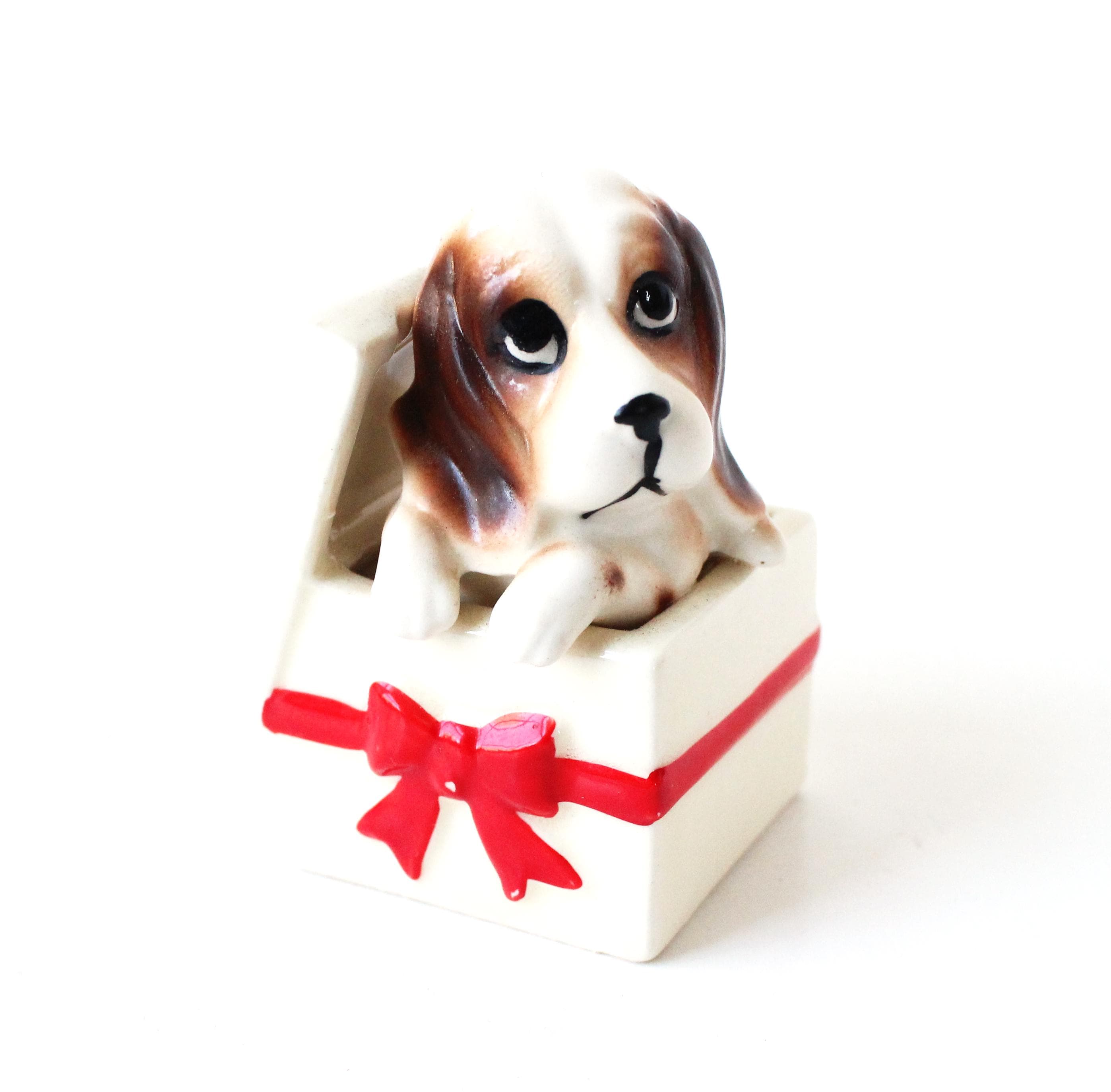 Vintage Ceramic Puppy Dog in Box, Red Bow, Norcrest, Japan, Hound Dog, Gift for Dog Lover, Vintage Home Decor