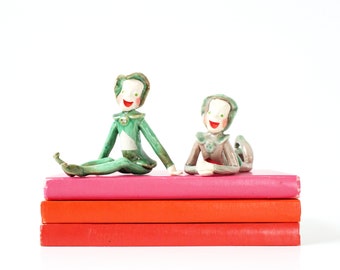 Vintage Green Pixies, Set of 2, Pixie Elves, Ceramic Figurines, Vintage Home Decor, Retro Decor