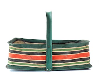 Randig vintagekorg, bärkasse för mataffär, hopfällbar shoppingkorg, hopfällbar korg, grönblå och röda ränder