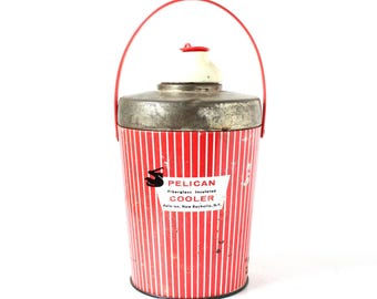 Vintage Pelican Cooler, Poloron Products Thermos Cooler, Red and White Stripe, Retro Home Decor