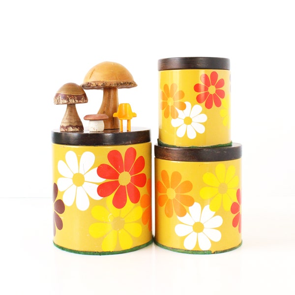 Vintage Daisy Canisters, Retro Kitchen Tins, Ransburg Set of 3, Vintage Kitchen, Flower Power, Floral Ransburg Tins, Home Decor, Retro Style