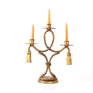 Vintage Tole Candelabra, Rope and Tassel Candle Holder, Hollywood Regency, Gold, Vintage Home Decor, Vintage Centerpiece, MCM Retro Decor