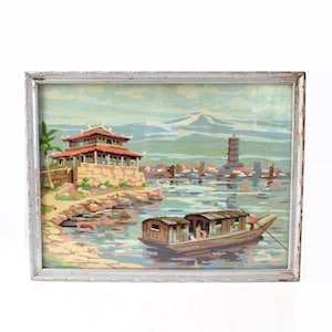Pintura PBN de pagoda vintage, arte acuático, marco vintage, pintura por números, playa, pared de galería, estilo retro, arte vintage, hogar vintage