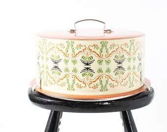 Lata de pastel de naranja vintage, portador de pastel retro, lata floral retro, cocina vintage, decoración de cocina retro, decoración del hogar vintage, estilo retro