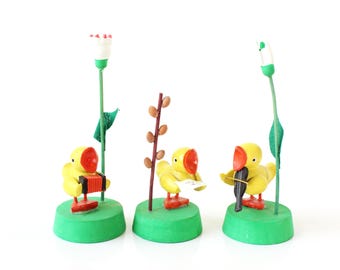 Vintage Wooden Chicks, Erzgebirge Figurines, Made in East Germany, Easter Chick Musicians, Set of 3, Vintage Spring Decor