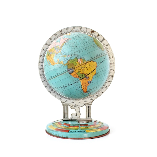Vintage-Zinnglobus, Atlas-Mann hält die Welt, von Ohio Art