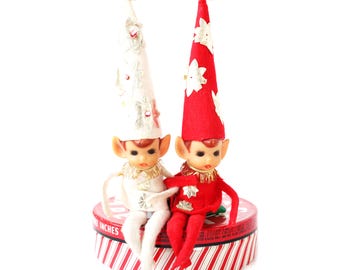 Vintage kerst elfjes, set van 2, Knee Huggers, Kitschy Christmas, Retro Mod Pixies, Napco, Japan
