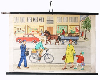 Vintage German Poster, Vintage School Chart, Pull Down Chart, Auf Der Strasse, In the Street, Vintage School, Antique Chart, Vintage Home