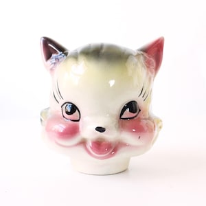Vintage Fluffy the Cat-deksel, kitscherige kattenkop met grote ogen, koekjestrommel, alleen deksel, retro keuken