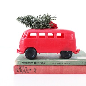 Vintage Christmas Truck, VW Van, Red Plastic VW, Volkswagon, Camper, with Christmas Tree
