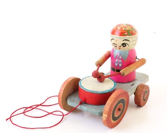 Vintage Doll Drummer Toy, Pull Toy Doll, Wooden Doll, Primitive Toy, Vintage Home Decor