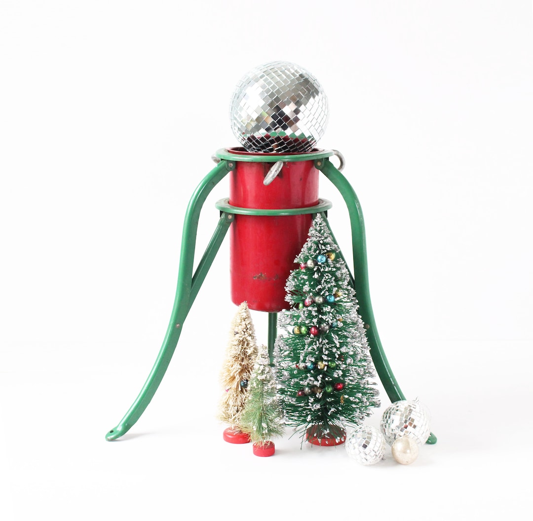 Vintage Christmas Tree Stand, Retro Tripod Tree Stand, Red and Green