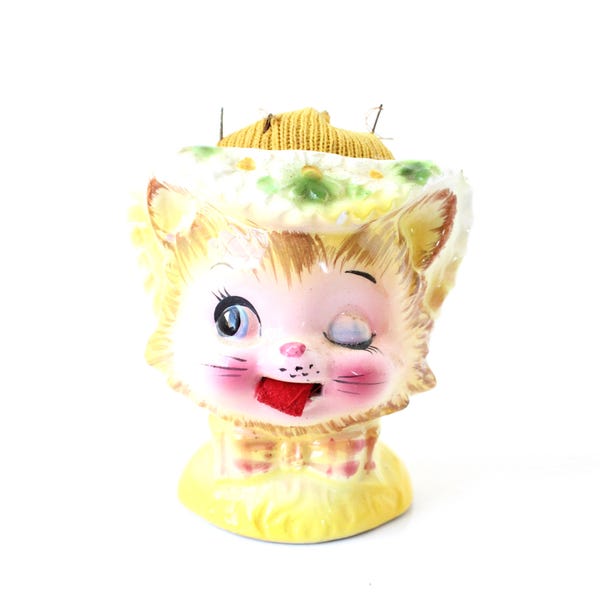 Vintage Enesco Kitty Measuring Tape, Miss Priss, Winking Cat Pin Cushion, Kitschy Decor, Retro Home