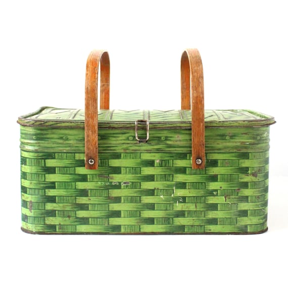 Vintage Green Picnic Tin, Basketweave Picnic Basket, Vintage Green