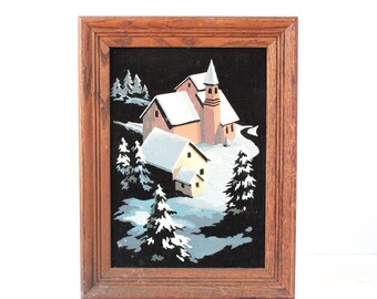 Tableau peinture par numéros d'église vintage : velours noir, cadre en bois