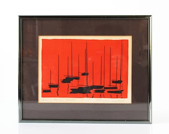Vintage Sailboat Art, Lithograph Print, Signed Print, Numbered Print, Orange and Black, Modern Art, Silhouette Art, Vintage Modern Home