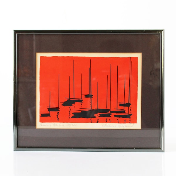 Vintage Sailboat Art, Lithograph Print, Signed Print, Numbered Print, Orange and Black, Modern Art, Silhouette Art, Vintage Modern Home