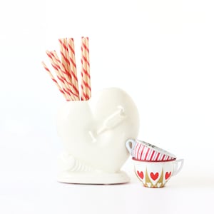 Vintage Valentine&#39;s Heart Vase, Ceramic White Planter, Heart with Arrow, Vintage Valentines Day