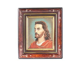 Retrato de Jesús pintado por números estilo vintage, pintura religiosa PBN, arte vintage, marco de madera antiguo.