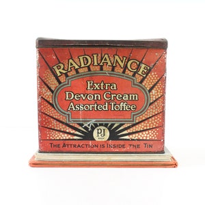 Vintage Radiance Toffee Tin, Devon Cream Assorted Toffee,  Vintage Candy Tin, Vintage Advertising Tin, Antique Tin, Vintage Home Decor,