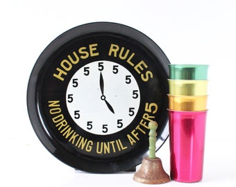 Vintage Barware Tray, Clock, House Rules, No Drinking Until After 5, Enesco Japan, Vintage Home Decor, Retro Style