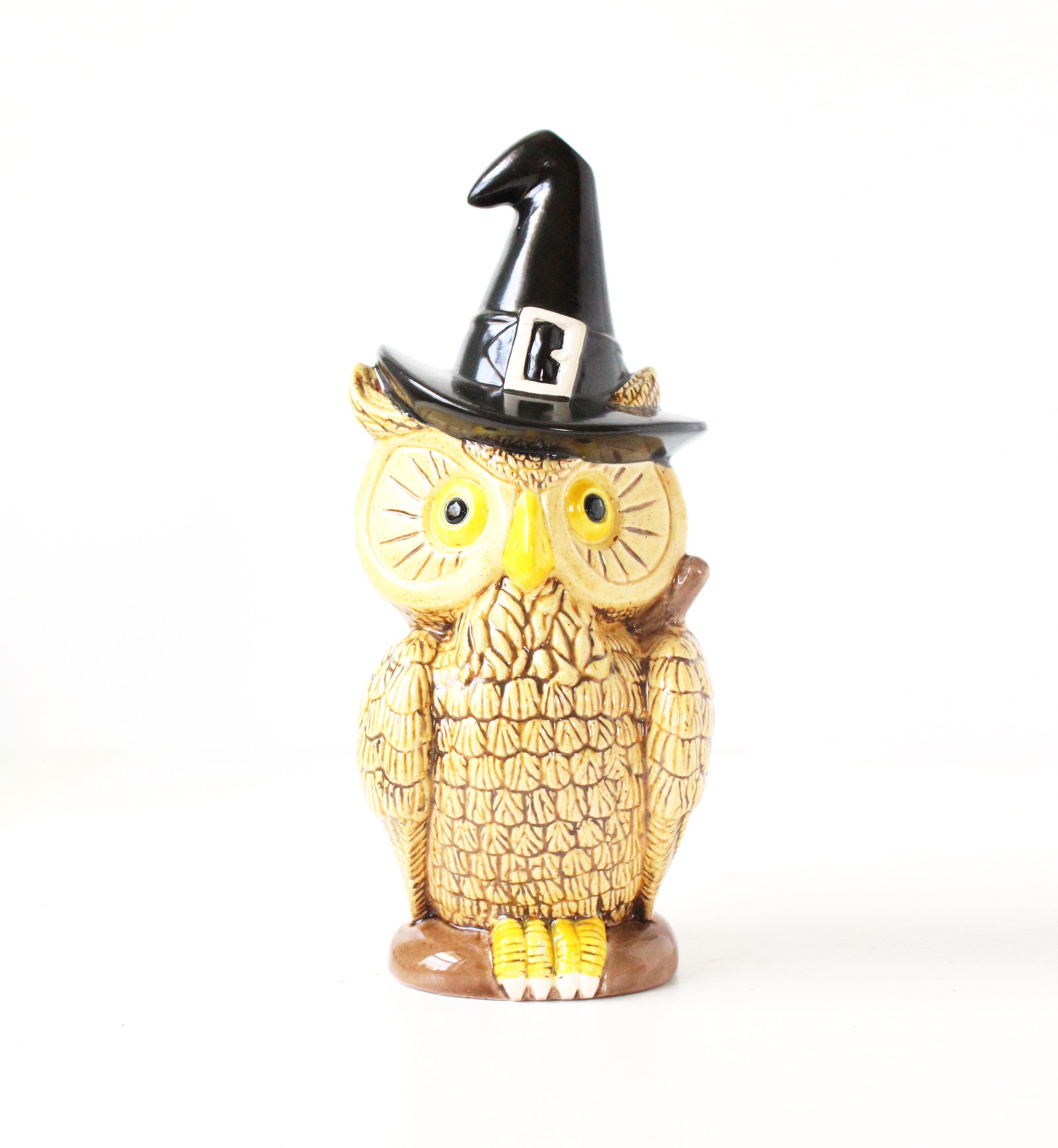 Vintage Ceramic Owl Figurine: Hand-Painted Witch Hat, Halloween Decor
